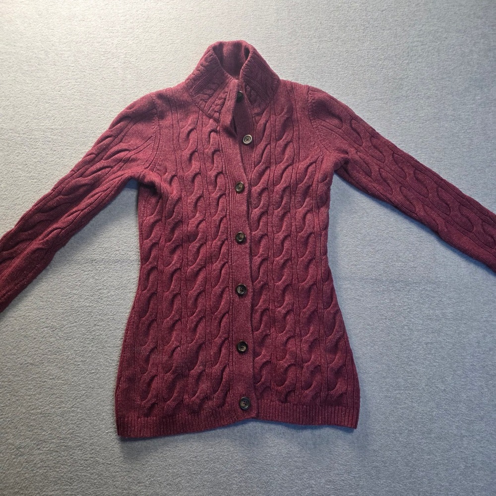 Cable Knit Cardigan Sweater Womens Small Wool Blend Burgundy L.L.Bean